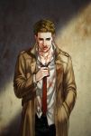  1boy adjusting_clothes blonde_hair blood blood_on_chest blood_on_face blue_eyes cang_fade constantine facial_hair hand_in_pocket highres john_constantine male_focus necktie nosebleed red_neckwear solo stubble trench_coat 