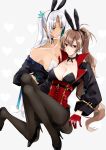  2girls amazuki_jou asymmetrical_breasts azur_lane bangs black_choker black_footwear black_jacket black_legwear black_ribbon blue_ribbon breasts brown_hair choker cleavage closed_mouth commentary dark_skin dark_skinned_female earrings eyebrows_visible_through_hair gloves grey_background hair_ribbon heart heart_background high_heels highres holding_person jacket jean_bart_(azur_lane) jewelry kneeling large_breasts leotard light_frown long_hair long_sleeves looking_at_another massachusetts_(azur_lane) medium_breasts multiple_girls off_shoulder on_lap orange_eyes pantyhose parted_bangs playboy_bunny ponytail red_eyes red_gloves red_leotard ribbon silver_hair smile strapless strapless_leotard sweatdrop very_long_hair yuri 