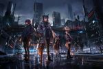  4girls alternate_costume animal_ears arknights backlighting black_hair black_legwear black_shorts building city city_lights cityscape cow_horns croissant_(arknights) crosswalk energy_wings exusiai_(arknights) grey_jacket gun halo hands_in_pockets highres highway hood hooded_jacket horns jacket kriss_vector long_sleeves low_ponytail mouth_hold multiple_girls open_clothes open_jacket orange_hair ouko outdoors pantyhose penguin_logistics_(arknights) red_hair reflection revision scenery short_hair short_shorts shorts skyscraper sora_(arknights) staff standing submachine_gun tail texas_(arknights) texas_(winter_messenger)_(arknights) thighhighs twintails weapon wolf_ears wolf_girl wolf_tail 