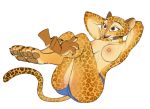 anthro breasts brown_eyes brown_spots butt claws clothing digital_media_(artwork) disembodied_hand dreamworks felid feline female fingers fur gia_the_jaguar hands_behind_head hi_res jaguar madagascar_(series) mammal nipples open_mouth pantherine simple_background sit_ups smile solo spots spotted_body spotted_fur venjiiart white_background yellow_body yellow_fur 