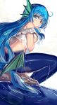  1girl ahoge aqua_eyes bangs bare_shoulders blue_hair breasts closed_mouth dutch_angle eyebrows_visible_through_hair eyes_visible_through_hair fins furrowed_eyebrows fuupu hair_between_eyes hand_up head_fins highres lens_flare long_hair low-tied_long_hair madou_monogatari medium_breasts mermaid monster_girl puyopuyo ripples serilly_(puyopuyo) sitting solo very_long_hair water wet 