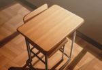  boxer_dansi chair classroom desk indoors no_humans original realistic scenery school_desk shadow still_life sunlight wood wooden_chair wooden_floor wooden_table 