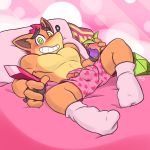  &lt;3 1:1 2018 activision anthro balls bandicoot barely_visible_genitalia barely_visible_penis black_nose blush bodily_fluids boxers_(clothing) bulge clothed clothing crash_bandicoot crash_bandicoot_(series) detailed_background digital_drawing_(artwork) digital_media_(artwork) food footwear fruit fur gem genital_fluids genitals green_eyes hair heart_boxers hi_res huevember legwear looking_at_viewer male mammal marsupial muscular muscular_anthro muscular_male orange_body orange_fur pawpads penis plant precum red_hair rolz socks solo teeth topless underwear video_games 