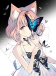  1girl animal_ears artist_name brown_eyes bug butterfly character_request forever_7th_capital insect light_brown_hair manicure medium_hair one_eye_covered open_mouth ribbon rumi_(rarumi11) simple_background solo wings 