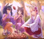  3girls :d absurdres animal_ear_fluff animal_ears bamboo_broom bangs black_hair blue_eyes blush broom brown_footwear brown_hair cat_ears commentary_request eyebrows_visible_through_hair fang flower folded_ponytail food fox_ears fox_girl fox_tail hair_between_eyes hair_flower hair_ornament hakama highres holding holding_food iroha_(iroha_matsurika) japanese_clothes kimono long_hair long_sleeves miko multiple_girls open_mouth original outdoors purple_eyes purple_flower purple_kimono red_hakama smile socks squatting sunset sweet_potato tabi tail tree very_long_hair white_kimono white_legwear wide_sleeves x_hair_ornament yakiimo zouri 