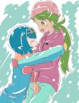  2girls alternate_costume aqua_background aqua_pants bangs beanie blue_hair blue_pants blush breasts closed_eyes commentary_request cowboy_shot dark_skin dark_skinned_female eyebrows_visible_through_hair flat_chest from_side gloves green_eyes green_hair hair_tie hairband happy hat hug jacket lana_(pokemon) long_hair looking_at_another mallow_(pokemon) mittens multiple_girls nekono_rin open_mouth orange_scarf pants pink_headwear pokemon pokemon_(game) pokemon_sm profile purple_jacket red_gloves scarf short_hair sidelocks simple_background sketch small_breasts smile snowing standing swept_bangs teeth tied_hair trial_captain twintails winter_clothes yellow_gloves yellow_hairband 