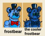  2020 animatronic anthro black_ice_frostbear blue_body blue_eyes bow_tie clothing duo english_text five_nights_at_freddy&#039;s five_nights_at_freddy&#039;s_ar freddy_frostbear half-closed_eyes hat headgear headwear hjhfdvjhffvnj ice icicle looking_at_viewer machine male mammal meme narrowed_eyes orange_background robot round_ears simple_background simple_coloring smile spikes teal_eyes teal_sclera teeth text the_cooler_daniel top_hat ursid video_games 