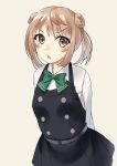  1girl arms_behind_back brown_eyes cowboy_shot double_bun dress grey_background kantai_collection light_brown_hair long_sleeves looking_at_viewer mayura2002 michishio_(kantai_collection) pinafore_dress remodel_(kantai_collection) shirt short_twintails simple_background solo twintails white_shirt 