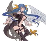  1girl angel_wings asymmetrical_wings bangs bare_shoulders belt black_legwear black_panties blue_hair bow breasts choker collarbone dizzy_(guilty_gear) guilty_gear guilty_gear_x guilty_gear_xx hair_between_eyes hair_ribbon hair_rings large_breasts looking_at_viewer midriff monster_girl navel open_mouth oro_(sumakaita) panties puffy_sleeves red_eyes ribbon simple_background smile solo tail tail_ornament tail_ribbon thigh_strap thighhighs twintails underboob underwear wings yellow_ribbon 