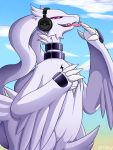  3:4 4_fingers ambiguous_gender anthro bodily_fluids claw_fingers claws fangs finger_fetish finger_lick finger_play fingers headphones hi_res legendary_pok&eacute;mon licking nintendo nude ottiro outside pok&eacute;mon pok&eacute;mon_(species) reshiram saliva sky solo tongue tongue_out video_games 