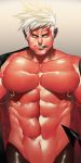  1boy abs bara bare_pecs boxer_dansi close-up colored_skin condom condom_in_mouth demon_boy demon_wings horns incubus male_focus mouth_hold muscle navel nipple_piercing nipples oni oni_horns original pectoral_focus pectorals piercing red_oni red_skin short_hair solo spiked_hair upper_body white_hair wings yellow_sclera 