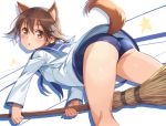  1girl :o absurdres animal_ears ass blue_sailor_collar blush broom broom_riding brown_eyes brown_hair commentary_request dog_ears dog_tail eyebrows_visible_through_hair fingernails from_behind highres holding long_sleeves looking_at_viewer michairu miyafuji_yoshika open_mouth sailor_collar school_swimsuit school_uniform serafuku short_hair solo star_(symbol) strike_witches swimsuit swimsuit_under_clothes tail world_witches_series 