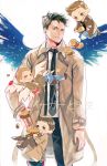  4boys angel_wings black_hair blue_eyes brown_hair candy castiel chibi dean_winchester dual_persona facial_hair food gabriel_(supernatural) green_eyes hamburger long_coat mikann0206 multiple_boys solo_focus stubble supernatural_(tv_series) trench_coat wings 