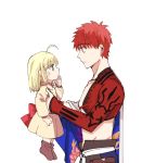  1boy 1girl age_difference ahoge appleale19 artoria_pendragon_(all) blonde_hair emiya_shirou eye_contact fate/grand_order fate/stay_night fate_(series) full_body green_eyes hand_on_own_chin holding holding_person igote korean_commentary limited/zero_over looking_at_another red_hair saber sengo_muramasa_(fate) simple_background size_difference upper_body white_background yellow_eyes younger 