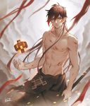  1boy abs bangs black_hair blood blood_stain bloody_hands bloody_weapon brown_hair cloud cloud_background cloudy_sky collarbone floating floating_object genshin_impact hair_between_eyes highres injury jewelry kezi long_hair looking_at_viewer male_focus multicolored_hair navel open_mouth rock shirtless single_earring skirt sky solo topless weapon yellow_eyes zhongli_(genshin_impact) 
