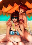  2girls adrian_wolve ahri animal_ears artist_name bangs barefoot beach beach_umbrella bead_bracelet bead_necklace beads bikini blue_bikini bracelet breasts brown_hair cleavage collarbone commentary crossover cup day deviantart_username drink drinking drinking_glass drinking_straw english_commentary facial_mark flower fox_ears hair_ornament ice ice_cube jewelry league_of_legends lips looking_at_another looking_away looking_to_the_side mei_(overwatch) multiple_girls nail_polish navel necklace nose outdoors overwatch patreon_username photoshop_(medium) polka_dot polka_dot_bikini red_hair short_hair side-tie_bikini signature sitting summer sunglasses swept_bangs swimsuit umbrella watermark web_address whisker_markings yuri 