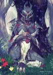  alien anthro armor breasts chroma_(warframe) crossgender detailed_background female flower hand_on_knee hand_on_leg hi_res humanoid light looking_at_viewer nature nature_background plant prime_warframe sitting solo sunlight tinynightingale tree video_games warframe 