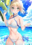  1girl absurdres ahoge artoria_pendragon_(all) bikini blonde_hair blue_ribbon braid braided_bun breasts cleavage day eyebrows_visible_through_hair fate/grand_order fate/stay_night fate_(series) green_eyes hair_between_eyes hair_ribbon highres looking_at_viewer lying okay178 on_side outdoors ribbon saber short_hair side-tie_bikini small_breasts smile solo swimsuit water_gun wet white_bikini 
