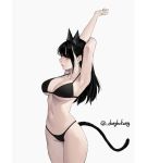  1girl animal_ears armpits arms_up artist_name bangs bikini black_bikini black_hair breasts cat_ears cat_girl cat_tail cleavage closed_mouth collarbone cowboy_shot dongho_kang extra_ears from_side highres large_breasts long_hair looking_at_viewer navel original simple_background solo standing stomach swimsuit tail thighs white_background 