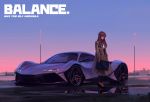  1girl black_footwear blue_sky brown_coat brown_hair car closed_eyes coat gradient_sky ground_vehicle high_heels highres holding long_hair long_sleeves motor_vehicle original ouko outdoors pants puddle reflection sky solo standing trench_coat twilight vehicle_request water 