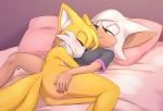  anthro bed breasts butt canid canine chiropteran cuddling duo female fox furniture hand_on_butt hand_on_head head_on_chest hi_res krazyelf legs_together male male/female mammal miles_prower pillow rouge_the_bat sonic_the_hedgehog_(series) 