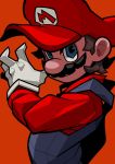  1boy blue_eyes brown_hair facial_hair gloves hair_behind_ear hat highres male_focus mario mario_(series) mustache omoti_sakamoto open_hand overalls red_background red_headwear shaded_face solo white_gloves 