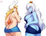  adventure_time blonde_hair blue_body blue_skin breasts butt cartoon_network clothing crown duo female fionna_the_human hair hat headgear headwear hi_res human humanoid ice_queen jmg long_hair looking_back mammal meme meme_clothing sharp_teeth simple_background smile sweater teeth topwear virgin_killer_sweater white_hair 