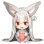  1girl :d absurdly_long_hair animal_ear_fluff animal_ears bangs barefoot chibi commentary_request eighth_note eyebrows_visible_through_hair fox_ears fox_girl fox_tail fringe_trim full_body grey_hair hair_between_eyes japanese_clothes kimono long_hair long_sleeves musical_note obi open_mouth original patches pink_scarf plaid plaid_scarf price_tag red_eyes sash scarf simple_background smile solo spoken_musical_note standing tail very_long_hair white_background white_kimono wide_sleeves yuuji_(yukimimi) 