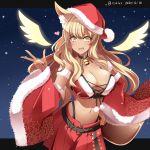  1girl absurdres animal_ear_fluff animal_ears bell bell_collar black_panties blonde_hair blush breasts christmas cleavage collar commentary_request fang fate/grand_order fate_(series) fox_ears fox_girl fur_trim hat hebitsukai-san highleg highleg_panties highres large_breasts navel night open_mouth panties pleated_skirt santa_costume santa_hat skirt sleeveless solo star_(symbol) star_print suzuka_gozen_(santa)_(fate) tan underwear wings 