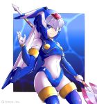  1girl android blue_eyes bodysuit breasts commentary_request cowboy_shot helmet highres holding holding_weapon lemon_inu leviathan_(rockman) polearm rockman rockman_zero simple_background small_breasts smile solo spear weapon 