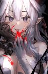  1girl absurdres black_gloves blood blood_on_breasts blood_on_face blood_on_fingers blue_eyes breasts cleavage close-up gloves highres indie_virtual_youtuber looking_at_viewer medium_breasts mismatched_gloves neonbeat pointy_ears sidelocks solo tongue tongue_out vei_(vtuber) virtual_youtuber white_gloves white_hair 