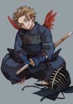  1boy alternate_costume artist_name blonde_hair boku_no_hero_academia bougu commentary feathers gloves grey_background grin hawks_(boku_no_hero_academia) holding holding_weapon kadeart kendo kendo_mask looking_at_viewer male_focus mini_wings one_eye_closed red_wings shinai simple_background smile solo squatting sword teeth weapon wings 
