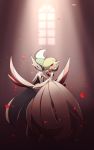  absurdres closed_eyes closed_mouth commentary_request dancing film_grain gallade gardevoir gen_3_pokemon gen_4_pokemon hand_on_another&#039;s_shoulder highres holding_hands kisa_(kisa-kisa5900) light_beam mega_gallade mega_gardevoir mega_pokemon petals pokemon pokemon_(creature) red_eyes smile spotlight standing window 