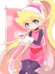  1girl bangs blonde_hair blue_eyes blush ciel_(rockman) commentary_request cup eyebrows_visible_through_hair gloves hair_between_eyes head_tilt headgear heart high_ponytail holding holding_cup long_hair pantyhose perorisu ponytail rockman rockman_zero simple_background skirt smile solo white_gloves 