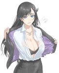  1girl bangs black_bra black_hair black_jacket black_skirt blazer blue_eyes bra bra_through_clothes breasts burn_the_witch cleavage collared_shirt dress_shirt earrings highres horns jacket jewelry large_breasts mitsugu necklace niihashi_noel office_lady open_blazer open_clothes open_jacket open_shirt parted_lips see-through shirt shirt_tucked_in single_horn skirt swept_bangs underwear white_background white_shirt 