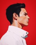  1boy black_hair closed_mouth commentary english_commentary from_side highres ilya_kuvshinov lips looking_to_the_side male_focus original profile red_background serious shirt short_hair simple_background solo upper_body white_shirt 