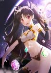  1girl :d absurdres ahoge aro_1801 backlighting bare_shoulders bikini black_bikini black_hair black_legwear bow breasts bridal_gauntlets collar contrapposto cowboy_shot earrings fate/grand_order fate_(series) gem glint gold_trim groin hair_bow hand_up highres hoop_earrings ishtar_(fate)_(all) ishtar_(fate/grand_order) jewelry long_hair looking_at_viewer medium_breasts mismatched_bikini navel open_mouth outstretched_arm red_eyes shooting_star single_thighhigh smile solo stomach string_bikini swimsuit thighhighs thighs two_side_up very_long_hair white_bikini 