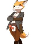  2020 animal_genitalia animal_penis balls blush canine_penis censored clothed clothing crossdressing genitals ineffective_censorship kemono knot looking_at_viewer male manmosu_marimo penis senior_fox simple_background solo white_background 