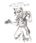  ?! absurd_res anthro bottomwear clothed clothing dialogue english_text fangs finger_claws fully_clothed fur guardians_of_the_galaxy gun hi_res holding_gun holding_object holding_weapon kenket male mammal marvel monochrome open_mouth pants procyonid raccoon ranged_weapon rocket_raccoon simple_background sketch solo standing text weapon white_background 