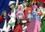  6+girls akuseru_akira animal_ears bandaged_neck black_hair broken_neck bunny_ears chainsaw evil_grin evil_smile green_hair grin hakurei_reimu heterochromia hong_meiling kagiyama_hina koakuma komeiji_koishi komeiji_koishi&#039;s_heart_throbbing_adventure komeiji_satori multiple_girls murasa_minamitsu necktie pink_hair purple_hair red_hair reisen_udongein_inaba reiuji_utsuho sailor_collar sharp_teeth smile star_sapphire teeth touhou youkai 