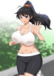  1girl alternate_breast_size antenna_hair bangs bare_arms bare_shoulders bike_shorts black_hair black_shorts blue_eyes blurry blurry_background breasts cleavage collarbone day eyebrows_visible_through_hair ganaha_hibiki hair_ornament hair_scrunchie hand_up high_ponytail highres idolmaster idolmaster_(classic) jabara_tornado long_hair looking_at_viewer navel open_mouth orange_scrunchie outdoors scrunchie shiny shiny_hair shiny_skin shorts smile solo sports_bra standing standing_on_one_leg sweat thighs white_footwear white_sports_bra wide_hips 