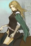  1girl absurdres armor bachium belt black_shirt blonde_hair blurry blurry_background boots breasts buckle cape celina_(fire_emblem) commentary_request cowboy_shot earrings elbow_gloves fire_emblem fire_emblem:_the_sacred_stones gloves gold_trim green_cape green_eyes highres holding holding_reins horse horseback_riding jewelry knee_boots looking_down medium_breasts pants pauldrons reins riding saddle serious shadow shirt shoulder_armor solo wall white_belt yellow_pants 