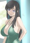  1girl arm_behind_back bangs bare_shoulders black_hair blue_eyes breasts burn_the_witch cleavage dress green_dress highres jewelry large_breasts long_hair mitsugu necklace niihashi_noel open_mouth standing swept_bangs 