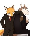  2020 anthro canid canine clothing equid equine fox horse junior_horse looking_at_viewer male male/male mammal manmosu_marimo senior_fox simple_background sitting white_background 