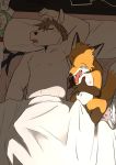  2020 bed canid canine duo equid equine erection_under_blanket fox furniture horse inside junior_horse lying mammal manmosu_marimo nude on_bed open_mouth pillow senior_fox sleeping 