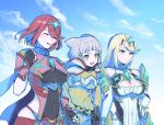  3girls :d bangs bare_shoulders black_gloves blonde_hair blunt_bangs bodysuit breasts chest_jewel cleavage_cutout closed_eyes clothing_cutout covered_navel day dress earrings elbow_gloves fangs fingerless_gloves gloves jewelry large_breasts lobsterbaby99 long_hair multiple_girls mythra_(xenoblade) nia_(xenoblade) open_mouth outdoors pyra_(xenoblade) red_hair short_hair silver_hair sky small_breasts smile swept_bangs tiara upper_body white_dress white_gloves xenoblade_chronicles_(series) xenoblade_chronicles_2 yellow_bodysuit yellow_eyes 