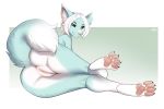  absurd_res anthro anus bodily_fluids butt butt_heart canid canine claws clitoris delki female fennec fluffy fluffy_tail fox fur genital_fluids genitals green_body green_fur hair hi_res looking_at_viewer mammal pawpads paws pinup pose pussy_juice short_hair solo toe_claws toes white_hair 