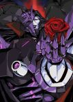  1980s_(style) 1boy broken_mask decepticon english_commentary flower highres hinomars19 holding holding_flower looking_down mask mecha no_humans parted_lips red_eyes red_flower red_rose retro_artstyle rose smile solo tarn the_transformers_(idw) transformers 