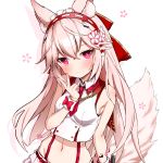  1girl absurdres animal_ear_fluff animal_ears armpit_crease bad_id bad_twitter_id bare_arms bare_shoulders breasts bright_pupils closed_mouth collared_shirt crop_top fox_ears fox_girl fox_tail groin hair_ornament hairband hand_up highres long_hair looking_at_viewer midriff navel necktie pink_eyes pink_hair shirt short_necktie simple_background sleeveless sleeveless_shirt small_breasts solo stomach suspenders tail tail_raised takanashi_kei_(hitsujikan) upper_body v vrchat white_background white_shirt wrist_cuffs 