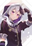  1girl coat commentary elbow_gloves expressionless flower_(vocaloid) fur-trimmed_hood fur_trim gloves hood hooded_coat looking_at_viewer multicolored_hair nanase_(nns_6077) purple_coat purple_eyes purple_hair short_hair short_sleeves solo streaked_hair v_flower_(vocaloid4) vocaloid white_background white_hair wrist_straps 